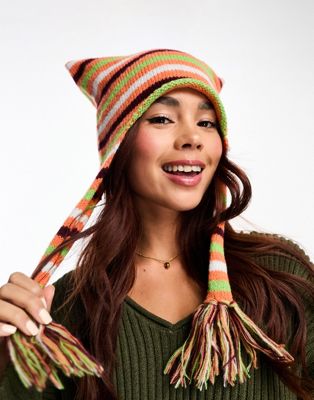 Daisy Street striped knitted hat with tassles in multicolour