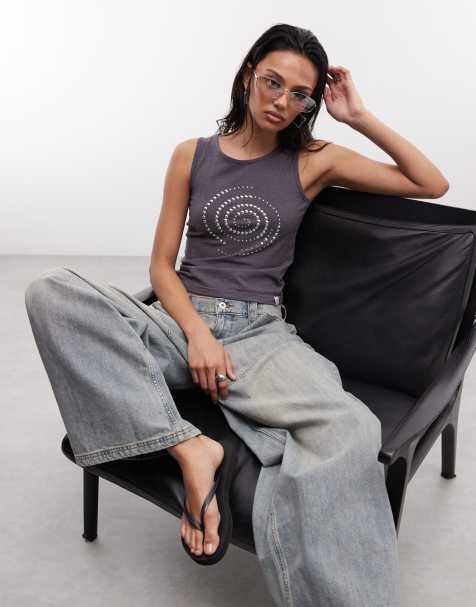 Daisy Street studded graphic tank top in charcoal - view 1