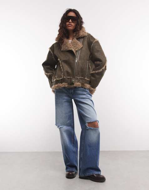 Daisy Street suedette aviator jacket in brown - view 1