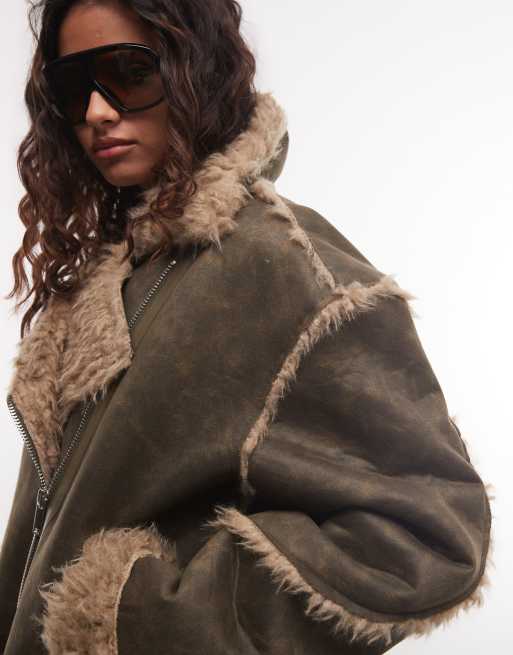 Daisy Street suedette aviator jacket in brown, 2 of 4