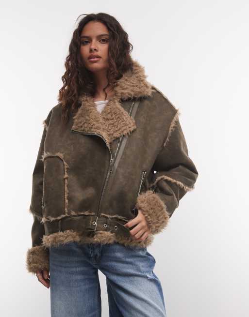 Daisy Street suedette aviator jacket in brown, 3 of 4