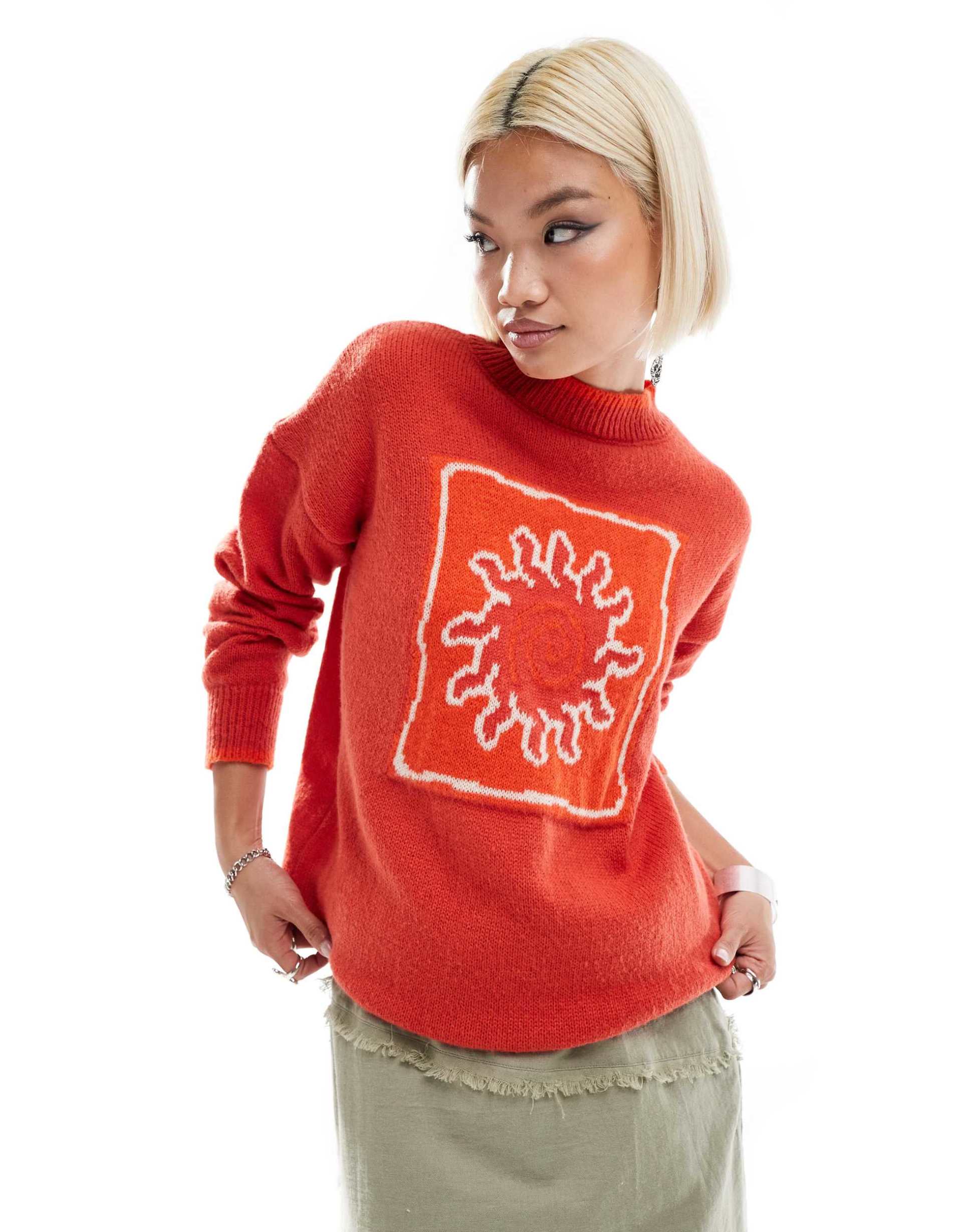 daisy street sun intarsia knit sweater with tipping