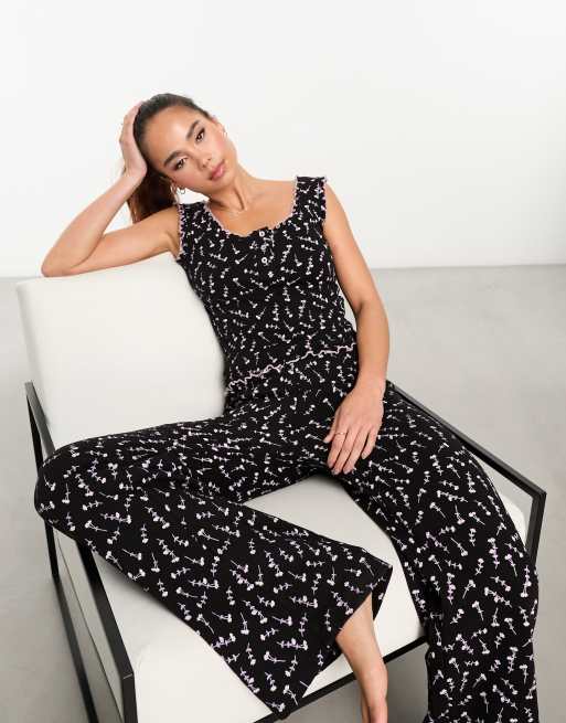 Daisy Street – Svart, småblommig och pointellestickad pyjamas med linne och byxor