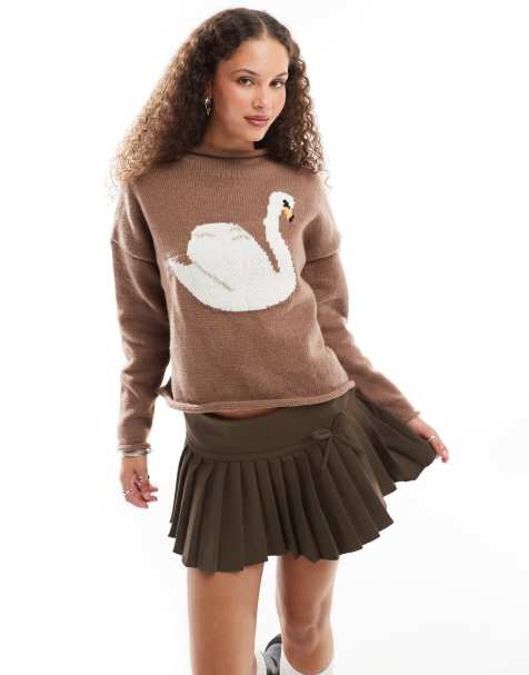 Daisy Street swan roll neck crop boxy knit jumper in brown - view 1