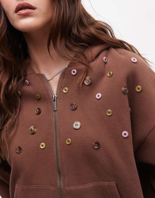 Daisy Street - Sweat à capuche zippé en jersey avec boutons - Marron, 3 de 4