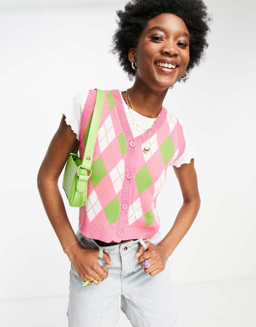 Pink and green 2025 argyle sweater vest