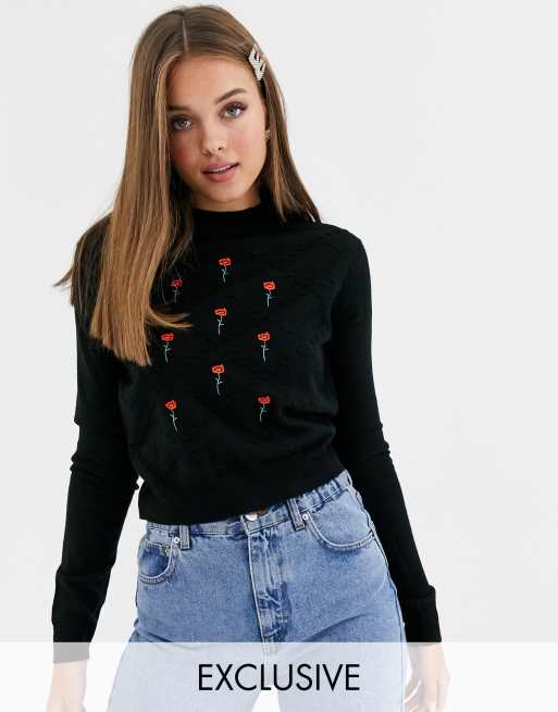 Rose sales embroidered sweater