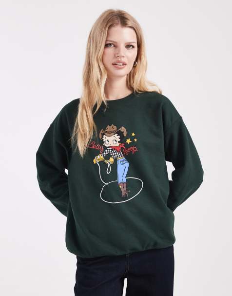 Daisy Street – Sweatshirt in Tannengrün mit Betty-Boop-Motiv im Cowgirl-Lok - view 1