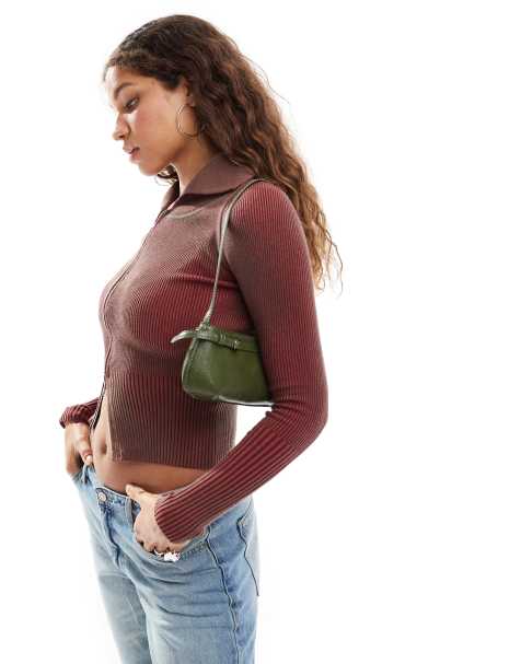 Daisy Street grey and red plated rib zip up cardigan with statement collar