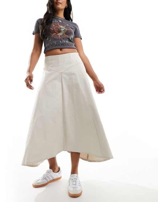 Daisy Street – Szarobeżowa spódnica maxi z niskim stanem, asymetrycznym dołem i ozdobnymi szwami