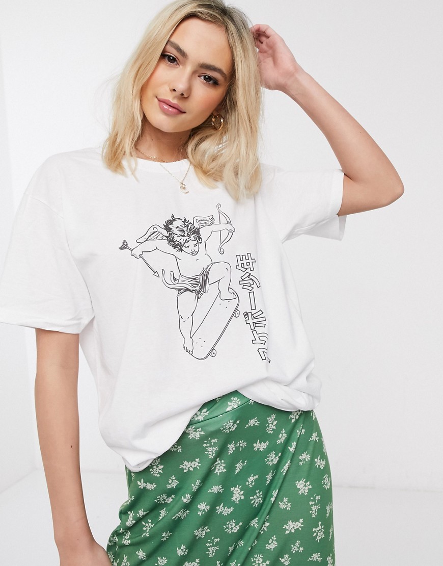 Daisy Street – T-shirt i oversize-modell med skejtande kerub-mönster-Vit
