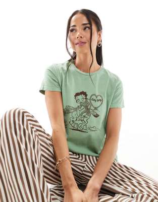 Daisy Street - T-Shirt im Stil der 90er-Jahre in Blassgrün mit Betty-Boop-Cowboyprint