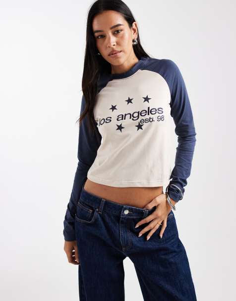 Daisy Street - T-shirt mini color crema e blu navy con maniche raglan lunghe - view 1