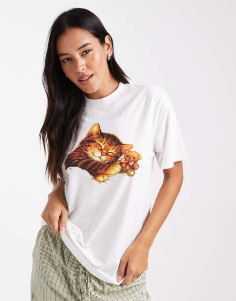Daisy Street - T-shirt oversize à motif chat endormi - Blanc - view 1