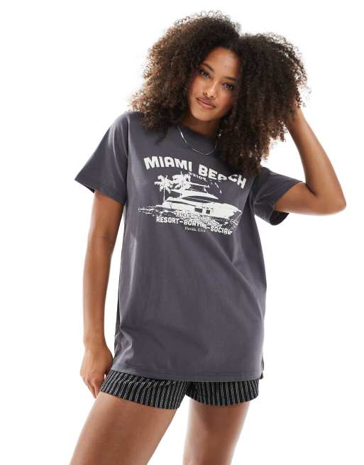 Daisy Street - T-shirt oversize color antracite con stampa “Miami Beach”