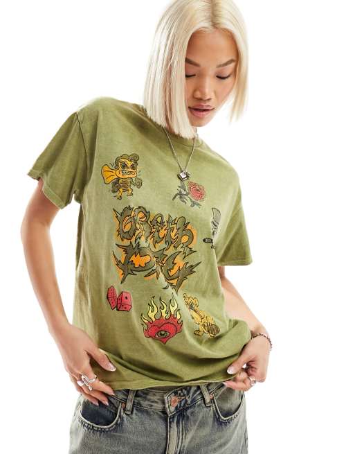 Daisy Street – T-shirt oversize w kolorze spranej zieleni z nadrukiem Green Day