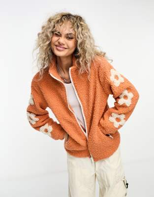 Daisy Street - Teddyfell-Jacke in Orange mit Boxy-Schnitt, Blumenmotiven und Stehkragen