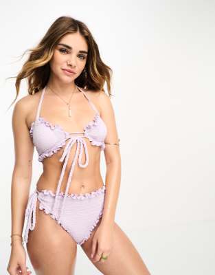 Daisy Street textured ruched halter bikini top in lilac with bow details-Purple