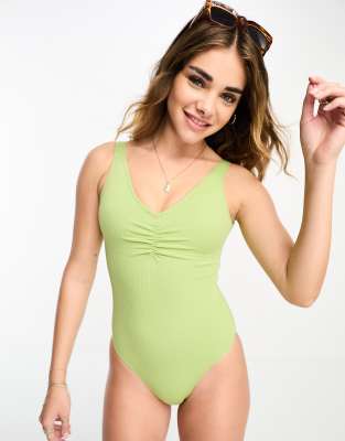 Daisy Street textured v neck swimsuit in wasahed apple-Green