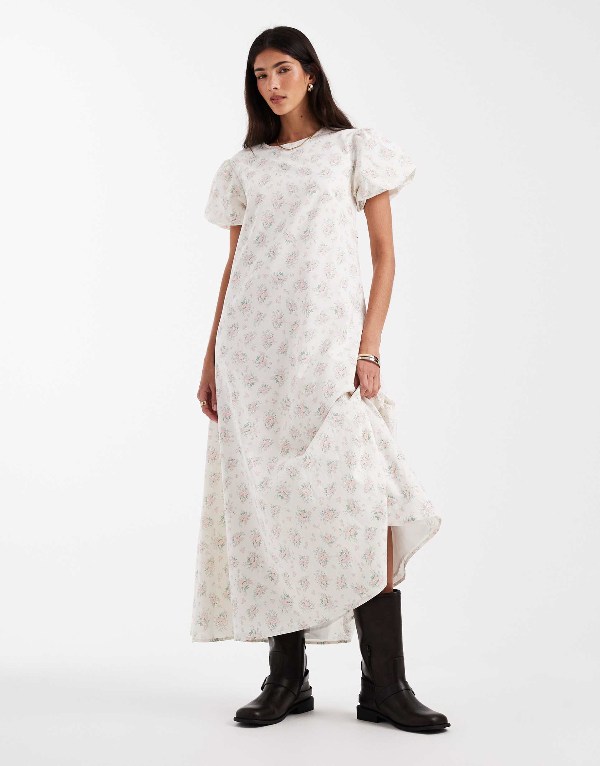 daisy street throw on smock midi dress with puff sleeves in white delicate floral