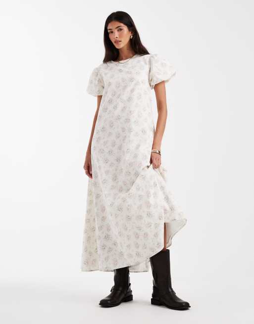 Daisy Street throw on smock midi dress with puff sleeves in white delicate  floral | ASOS