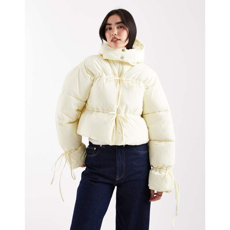 Daisy Street tie detail puffer coat in butter yellow | ASOS