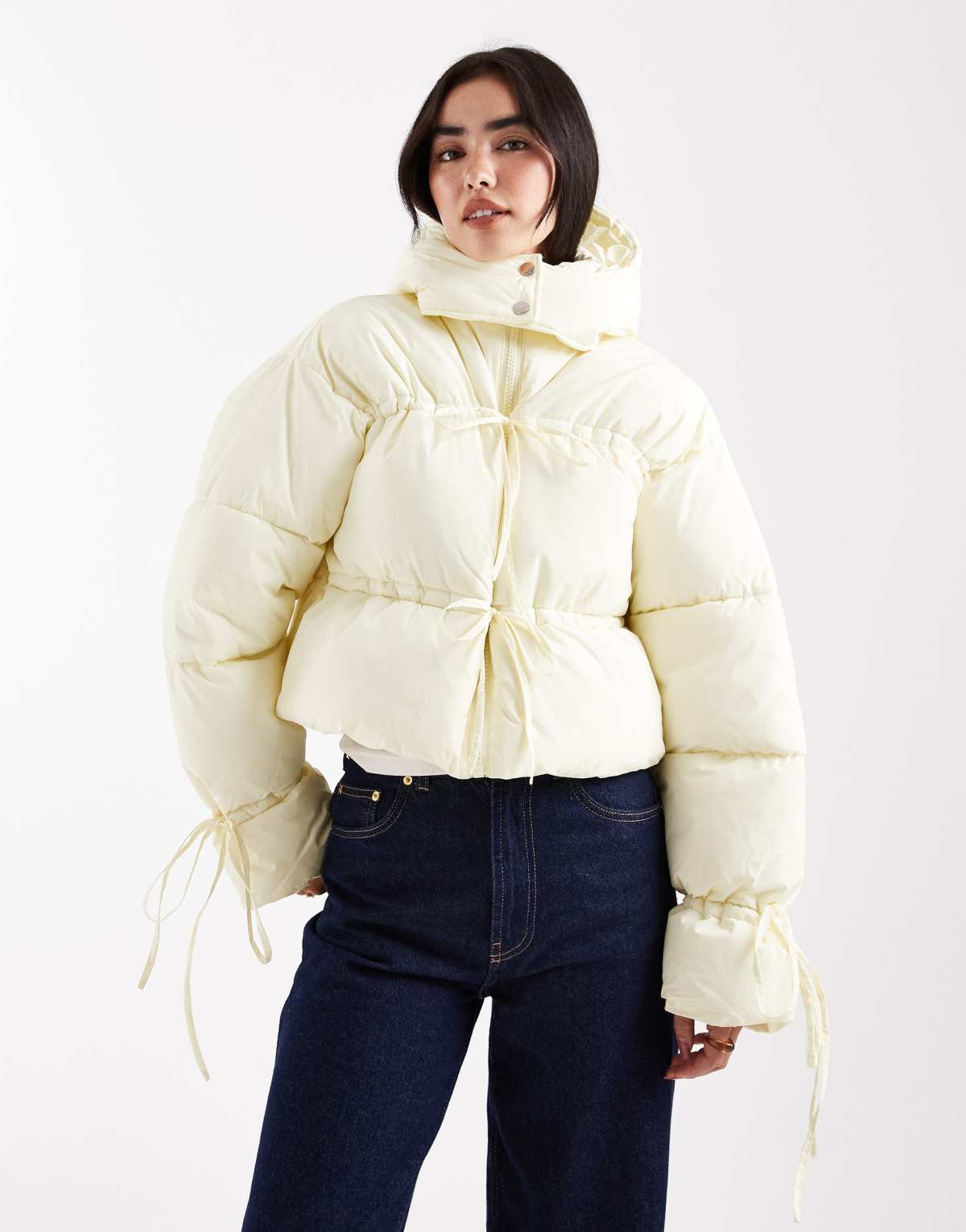 Daisy Street tie detail puffer coat in butter yellow