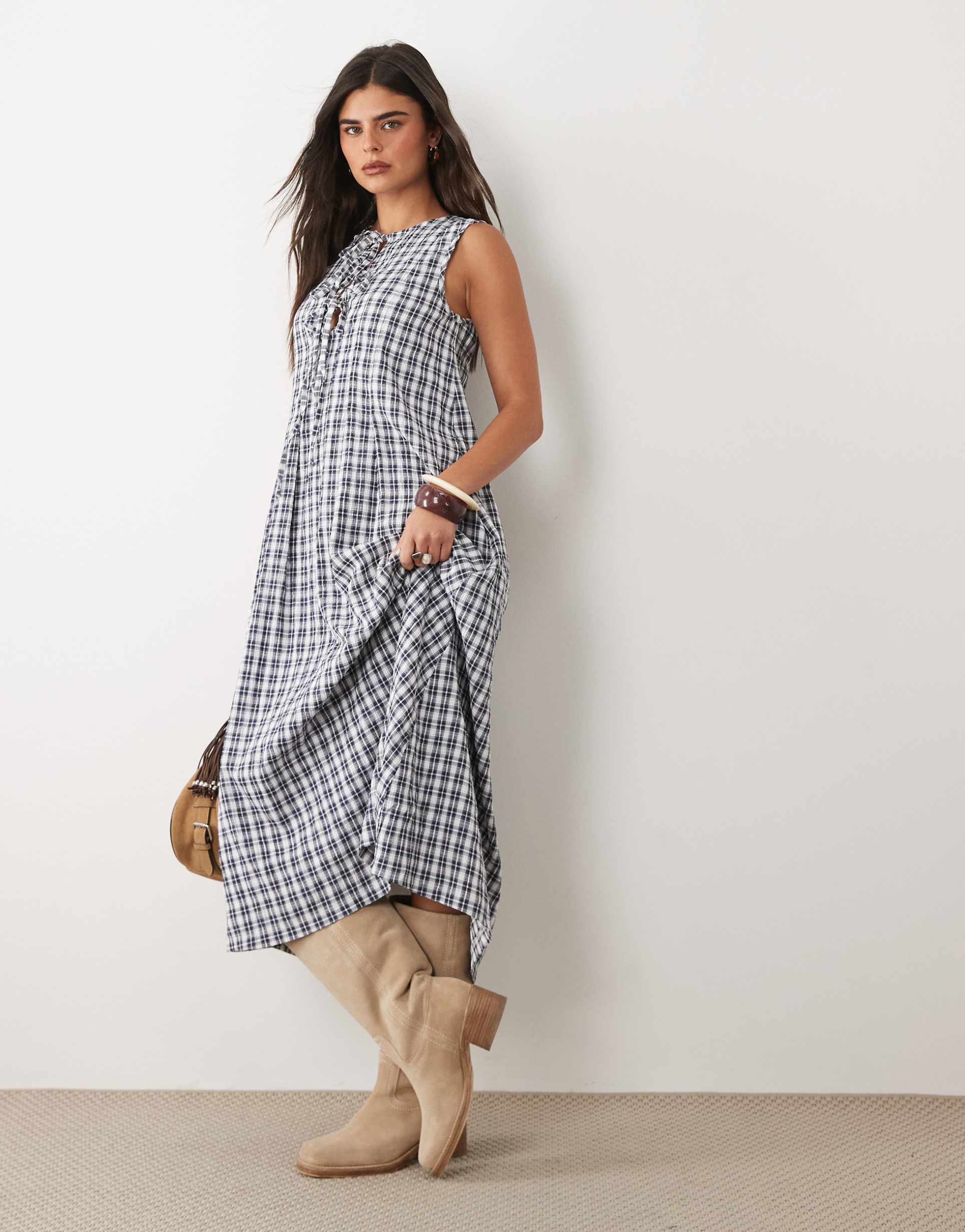 daisy street tie front chuck on smock maxi dress in blue check