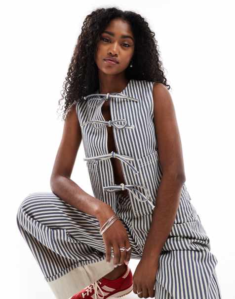 Daisy Street tie front denim top in dark navy stripe co-ord - view 1