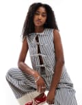 [Daisy Street] Daisy Street tie front denim top in dark navy stripe (part of a set) 14 Dark navy stripe