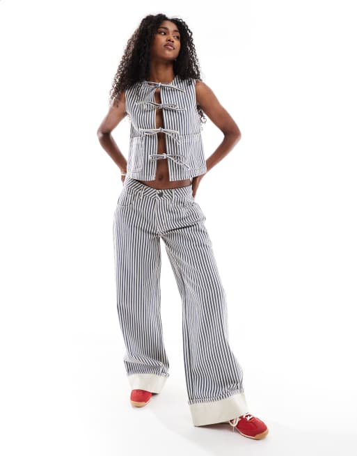 Daisy Street tie front denim top in dark navy stripe (part of a set), 2 of 4
