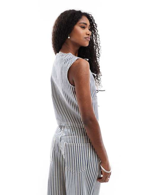 Daisy Street tie front denim top in dark navy stripes - part of a set