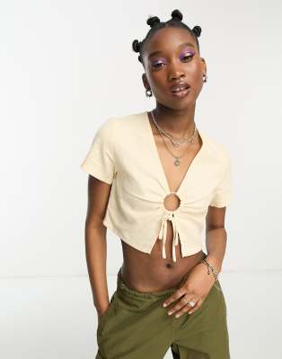 Daisy Street Tie Front Linen Cami Crop Top-neutral