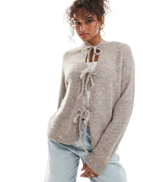 Daisy Street tie front slouchy cardigan in beige marl - view 1