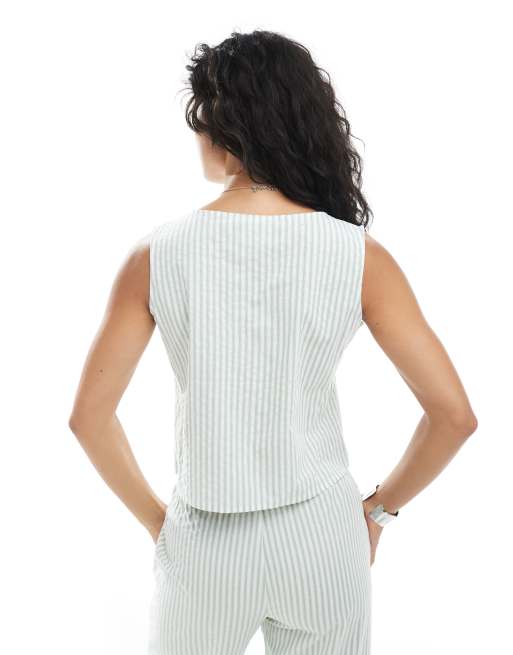 Daisy Street tie front waistcoat in sage stripe co-ord, 2 of 4