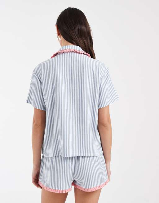 Daisy Street tie shirt and boxer pyjama short in blue stripe, 4 of 4