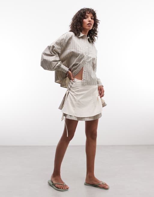 Daisy Street tie side double layer mini skirt in ecru stripe co-ord, 3 of 5