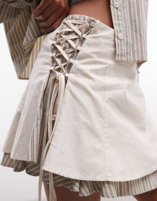 Daisy Street tie side double layer mini skirt in ecru stripe co-ord, 5 of 5