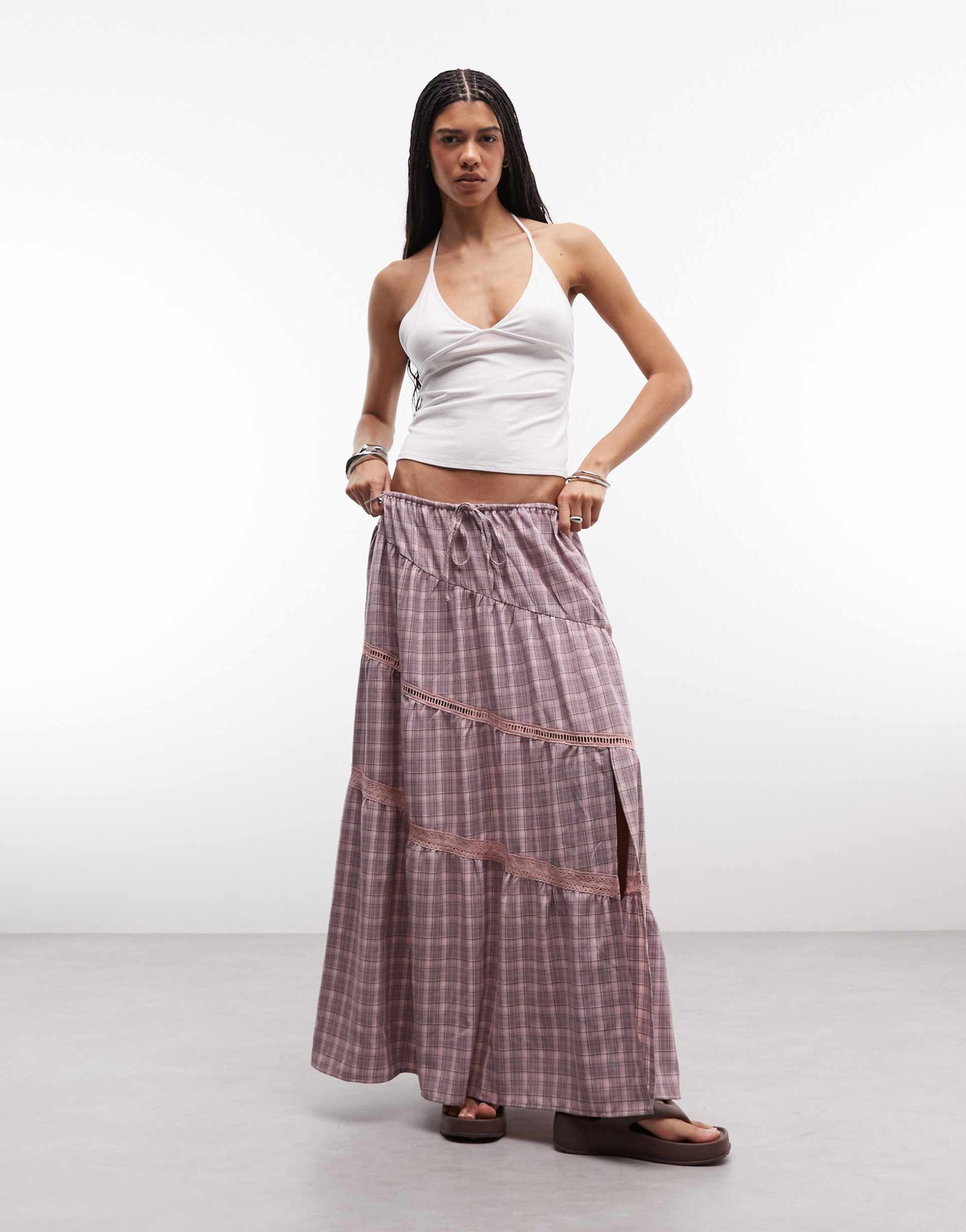 daisy street tie waist midi skirt in pink check