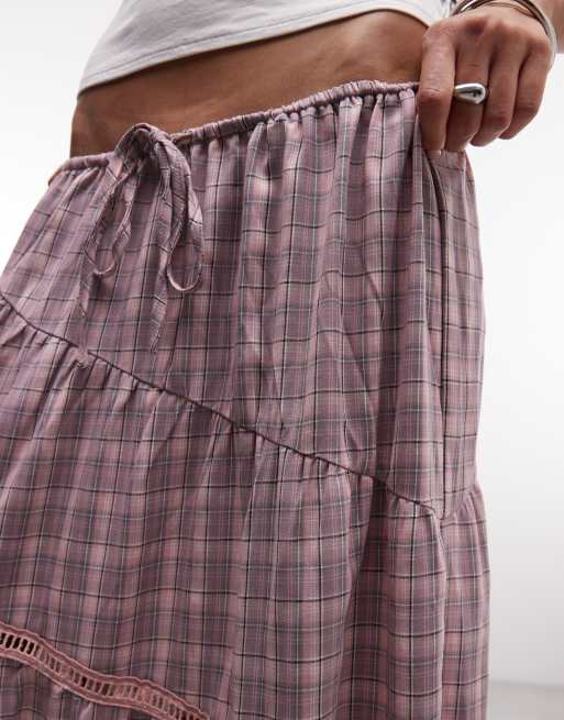 Daisy Street tie waist midi skirt in pink check, 2 of 5