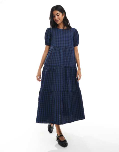 Daisy Street tiered maxi dress with puff sleeves in navy check - view 1
