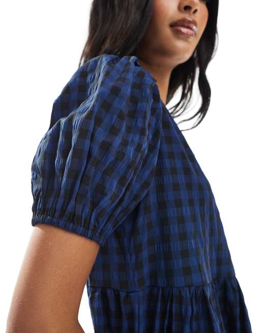 Daisy Street tiered maxi dress with puff sleeves in navy check, 2 of 4