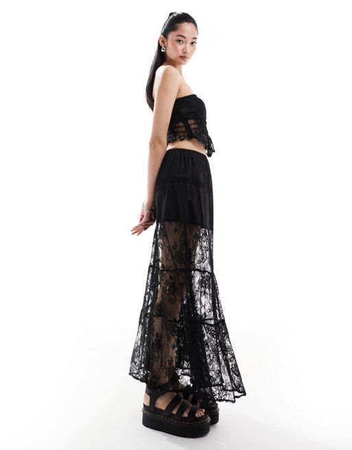 Daisy Street tiered maxi skirt co-ord in black lace