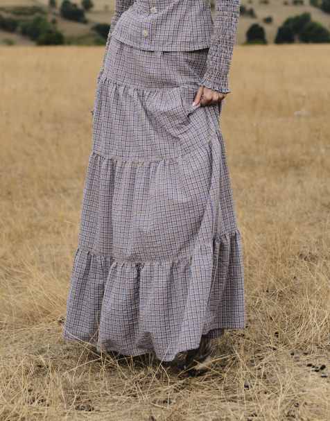 Daisy Street tiered maxi skirt in brown navy check co-ord - view 1