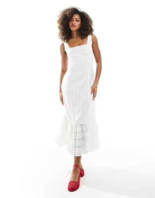 Daisy Street tiered midi dress with lace trim in white 9990₽