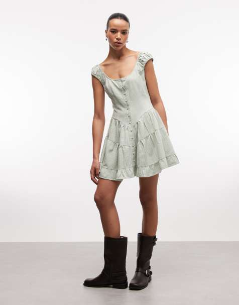 Daisy Street tiered mini dress in green gingham - view 1