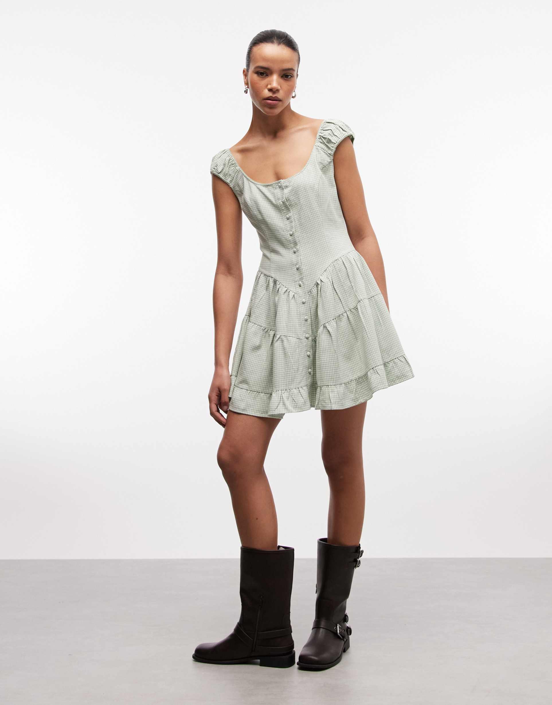 daisy street tiered mini dress in green gingham
