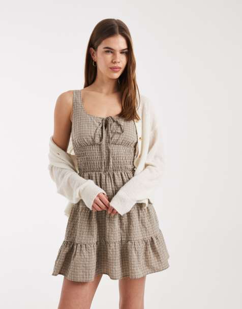 Daisy Street tiered mini dress with shirring in beige plaid - view 1