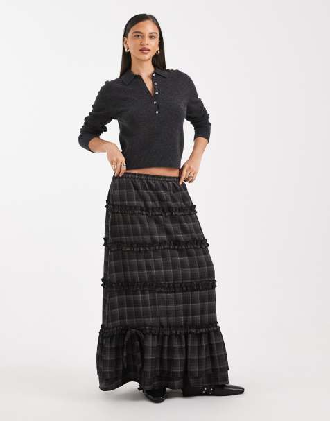Daisy Street tiered ruffle boho skirt in brown plaid - view 1