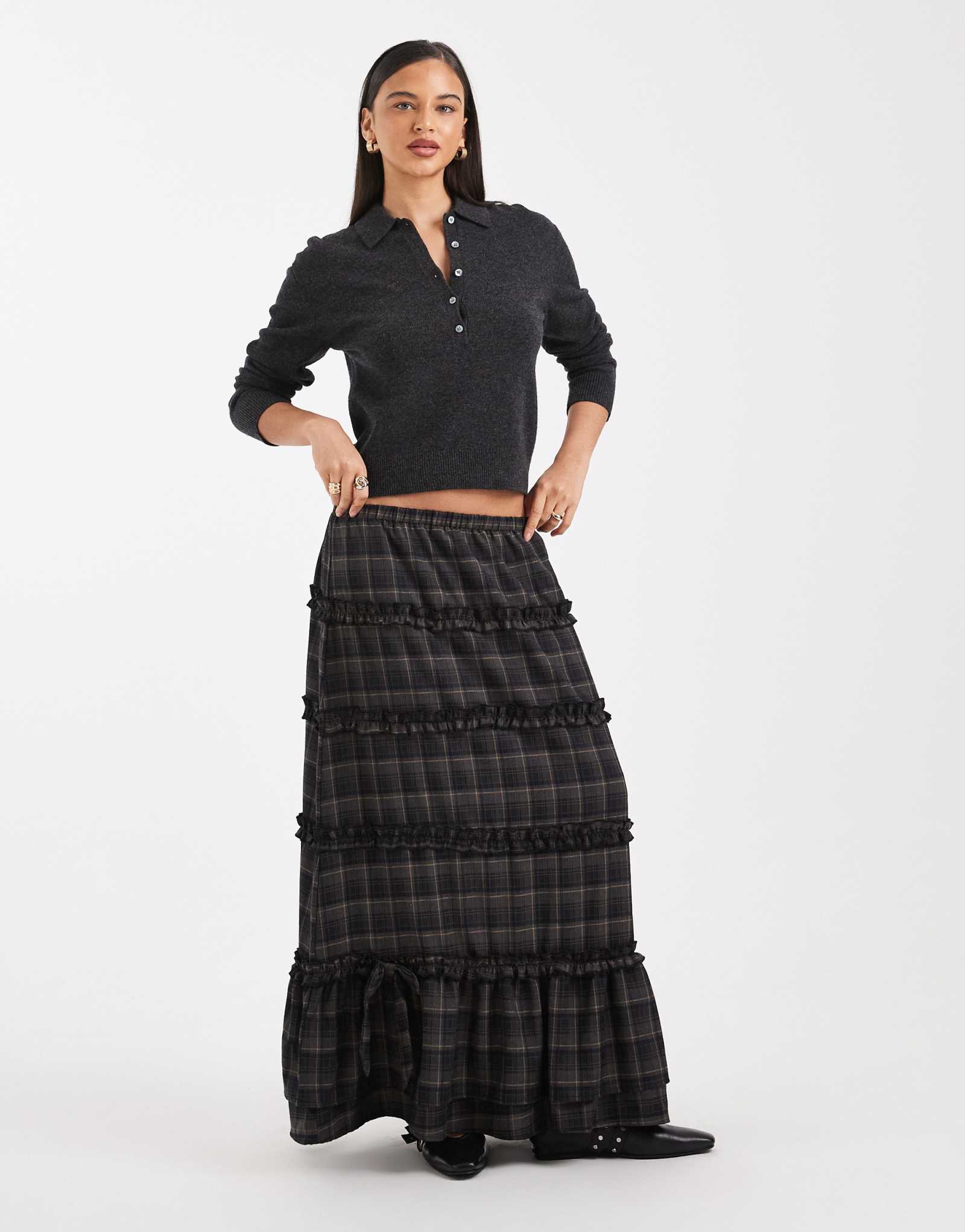 Многоярусная юбка в стиле бохо с оборками от Daisy Street в коричневую клетку